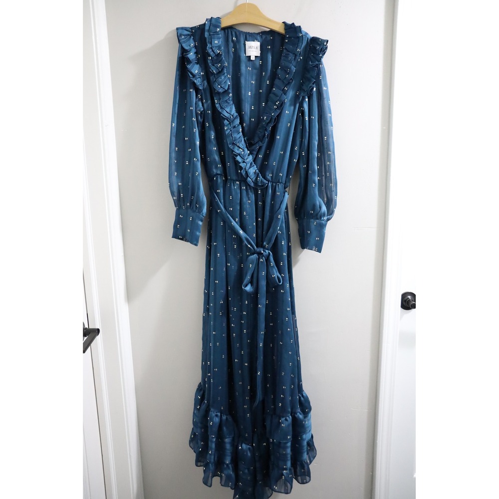 MISA Los Angeles Gabriella asymmetrical Ruffle Maxi‎ Dress Teal Blue Metallic
